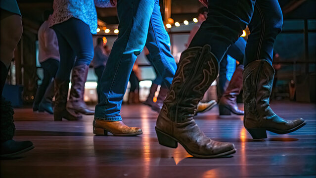 Line dancing in boots and jeans on wooden floor concept. Line dancers showcase their moves in stylish cowboy boots.