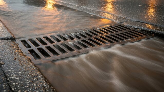 Water flows swiftly over a metal grate into a storm drain on a wet asphalt street