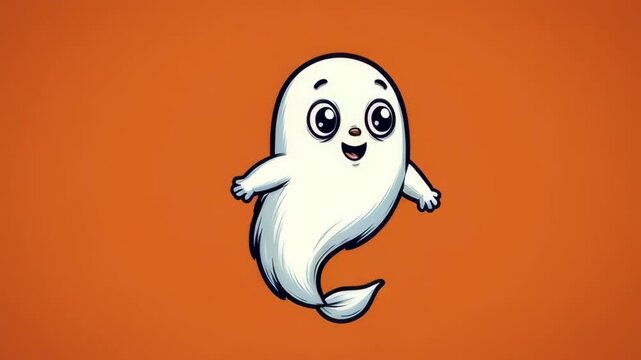 Panning tracking shot of cartoon ghost floating and rotating across seamless orange studio background