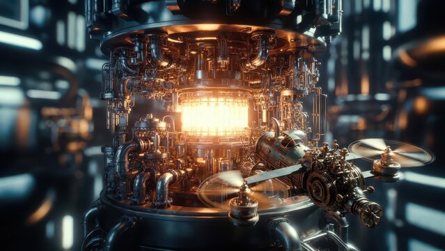 Intricate futuristic steampunk engine with glowing core and drone, complex machinery, sci-fi concept
