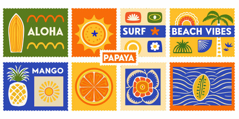 Collection of colorful retro travel stamp icons with tropical themes © BidhanChandra