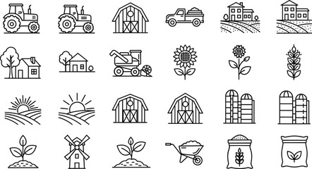 Farm and Agriculture Line Icons Set with Tractor, Barn, Windmill, Sunflower, Harvester, Silo, and Rural Elements © kolpona