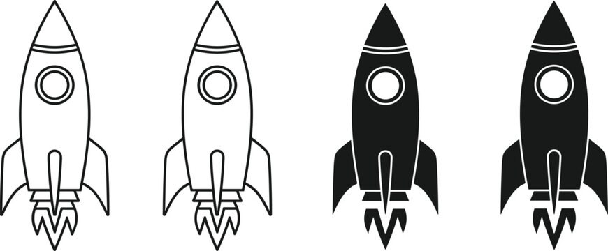 Rocket Launch Icon Set Outline and Silhouette Style Space Shuttle Vector Illustration on White Background Collection