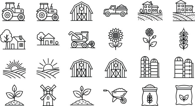 Farm and Agriculture Line Icons Set with Tractor, Barn, Windmill, Sunflower, Harvester, Silo, and Rural Elements