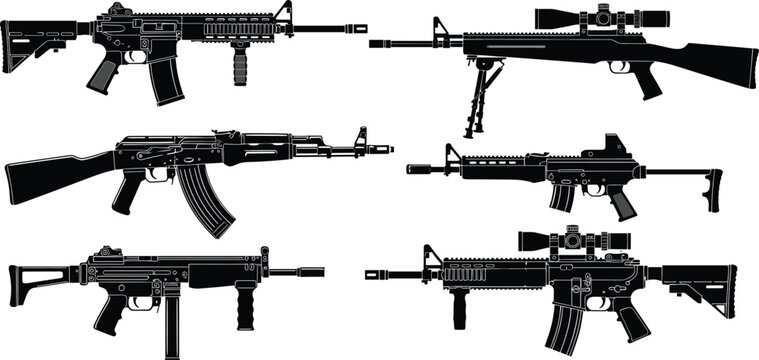 Military Assault Rifle Set Black Silhouette Collection Various Automatic Weapons Firearms Vector Illustration on White Background