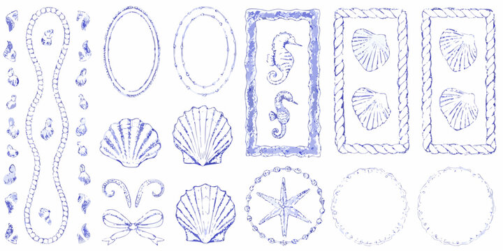 nautical sketch collection with seashells seahorses and starfish