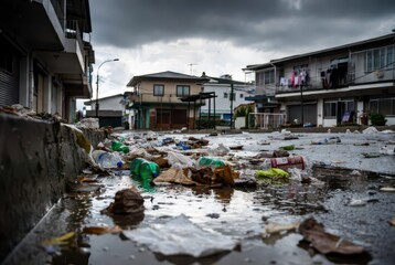Obraz premium Urban street littered with plastic bottles and debris under a stormy sky