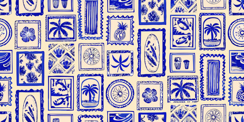 Seamless tropical pattern with hand drawn botanical illustrations in blue © BidhanChandra