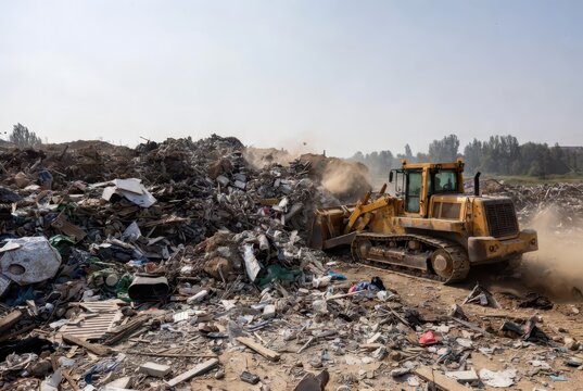 Yellow bulldozer pushing debris and dust at a large landfill site under a hazy sky.