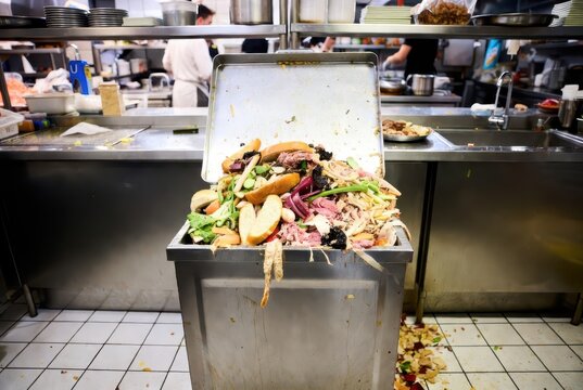 Overflowing restaurant trash bin filled with food waste, bread, and vegetables in kitchen
