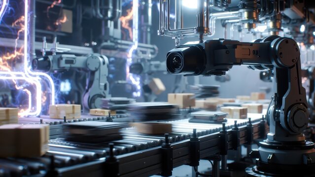Robotic arm in futuristic factory with glowing energy conduits and conveyor belt