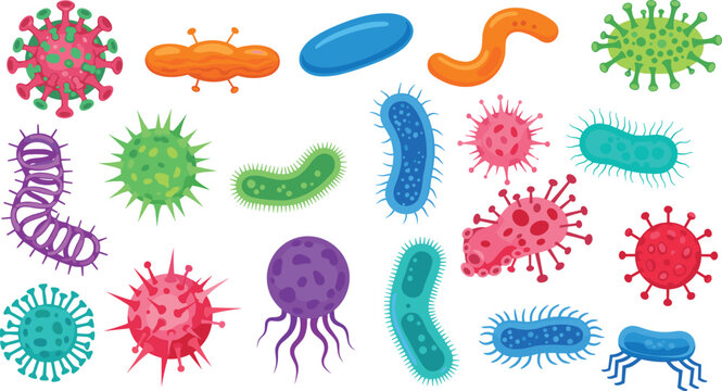 Cartoon bacteria and virus microorganism collection with colorful germ cells medical microbiology vector illustration set