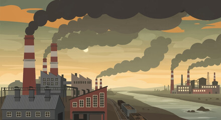 Obraz premium Industrial factory smokestacks emitting dark smoke into the sky.