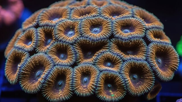 Vibrant Coral Colony Macro Shot: Orange and Blue Zoanthids Underwater