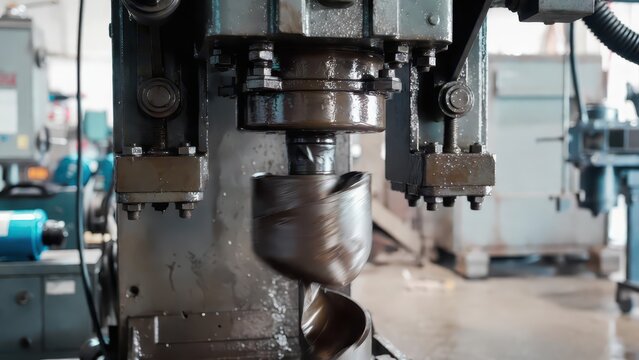 Close-up of a metal milling machine cutter in action, creating shavings and sparks