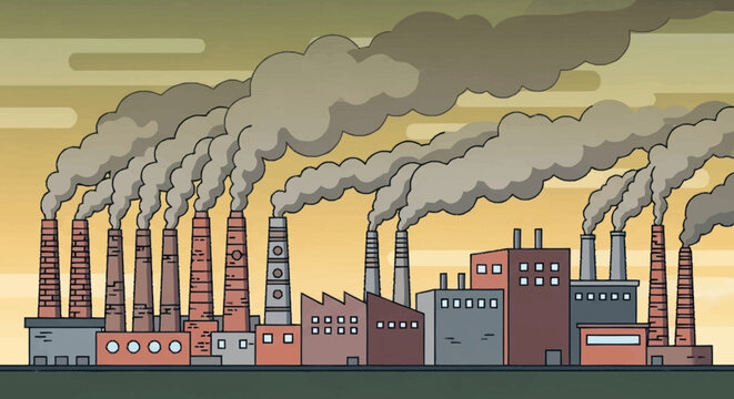 Industrial factory with many chimneys emitting smoke into the sky.
