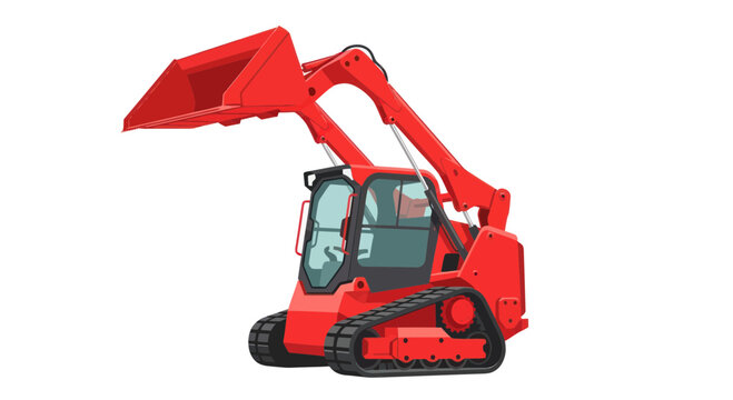 Red Skid Steer Loader with Bucket Raised, Isolated on White Background