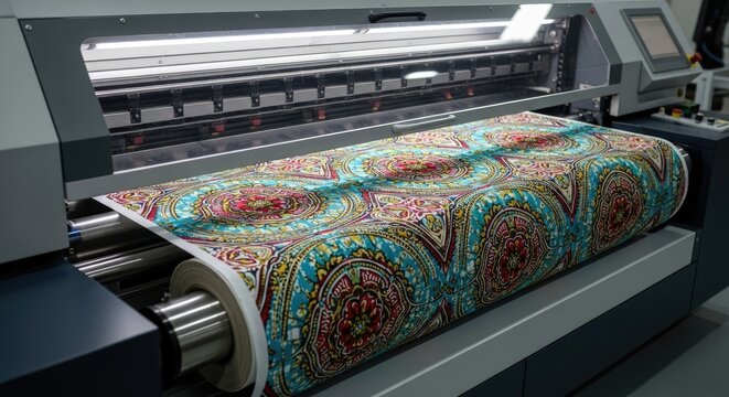 Precision digital textile printing machine creating vibrant colorful bohemian fabric rolls