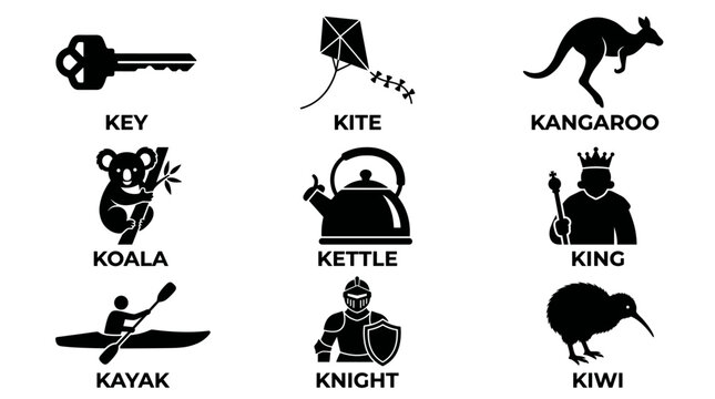 black and white vector silhouette set of things that start with the letter k