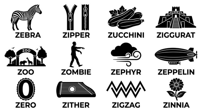 black and white vector silhouette set of things that start with the letter z