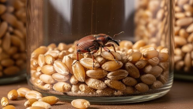 Close-up of a weevil on wheat grains inside a glass jar, other jars blurred in background