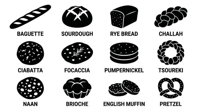 black and white vector silhouette set of traditional bread types