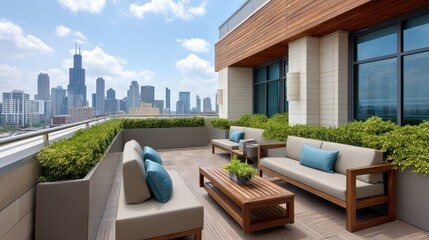 Obraz premium Modern rooftop lounge featuring comfortable seating, greenery, and stunning city skyline view in urban setting during clear blue sky day