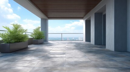 Obraz premium Modern terrace with panoramic city view, sleek design, tiles, greenery, open space, natural light, contemporary architecture, relaxation area, urban lifestyle