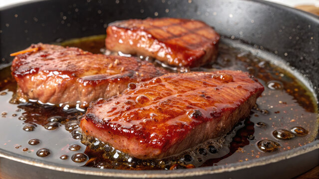 Meat grilling over open fire at barbecue concept. Succulent grilled steak sizzling in a frying pan.