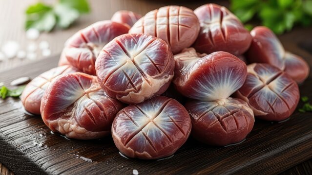 Raw, prepared poultry giblets piled on a wooden cutting board with herbs