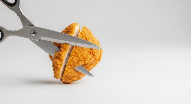 Crispy Fried Chicken Piece Being Cut by Sharp Scissors Against a Clean White Background
