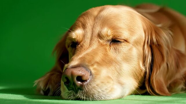 Golden Retriever Dog Laying at Peaceful Pose Against Vibrant Green Background with Closeup Focus on Its Expressive Eyes