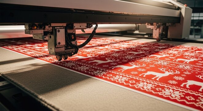 Industrial Printing Machine Crafting Festive Christmas Reindeer Snowflake Fabric