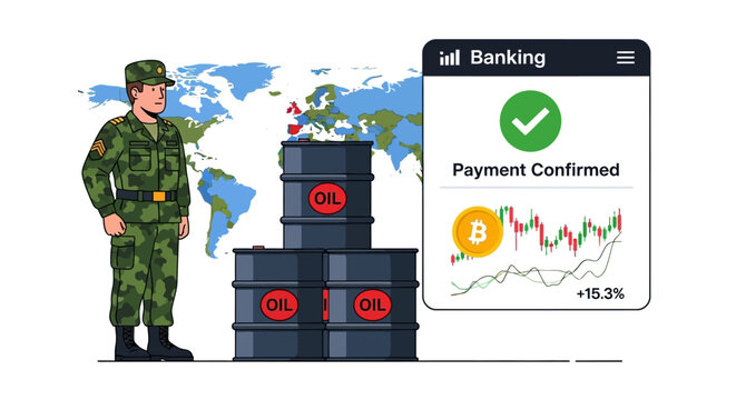 Soldier guarding stacks of bitcoin with confirmed payment on mobile screen.