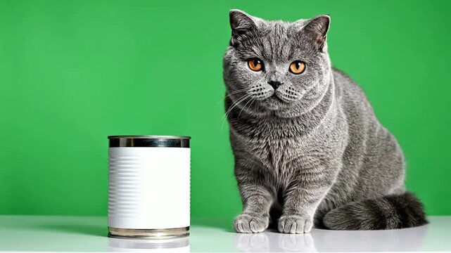 Gray Cat Sitting Calmly Next to an Unlabeled White Can on a Bright Green Background
