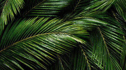 Fototapeta premium Palm trees swaying in hurricane winds concept. Vibrant green palm leaves layered in a natural, tropical setting.