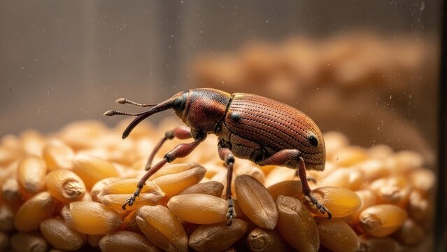 Close-up of a weevil on wheat kernels, set within a clear container, macro shot