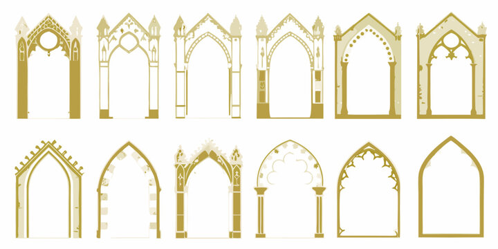 ornate gothic archways set of twelve vector illustration on white background