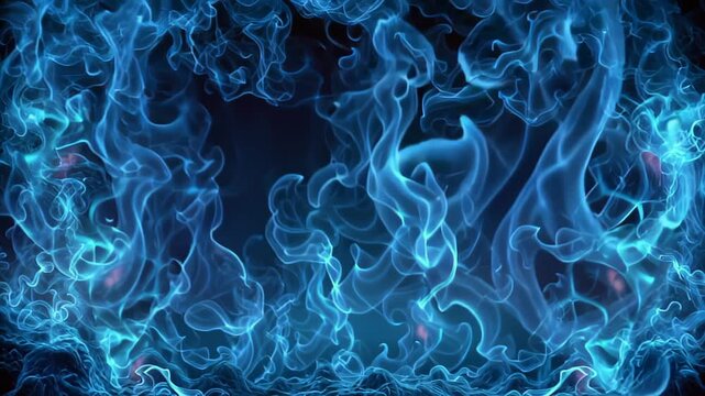 Bright blue flames create a lively effect with smoke swirling around in dark space during a vivid display at night