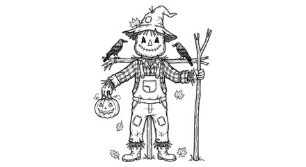 Obraz premium Scarecrow with Pumpkin and Crows, Autumn Harvest, Hand-drawn Illustration
