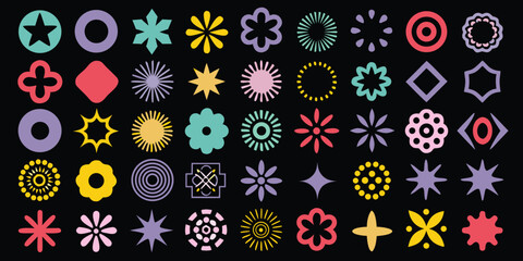 Fototapeta premium Colorful geometric shapes and abstract floral designs on black background