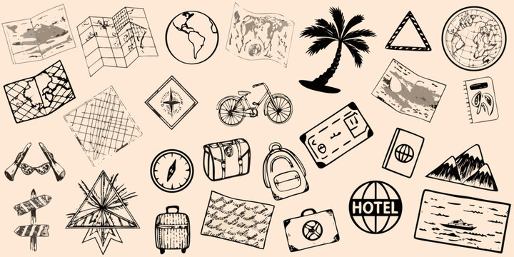 Hand Drawn Travel Icons and Elements on Beige Background