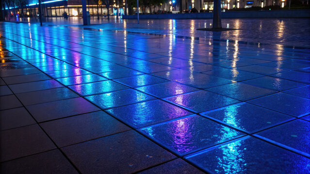 Disco ball with flashing neon light music party concept. Vibrant reflections on wet tiles under colorful city lights.