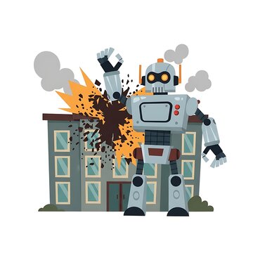 Robot destroying a building with explosion.