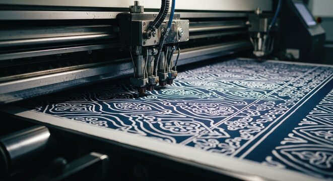 Advanced industrial printer meticulously creating intricate blue and white patterned designs on a