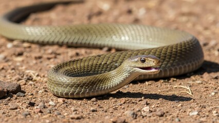 Obraz premium Close-up of a green snake with its mouth open, coiled on dry ground