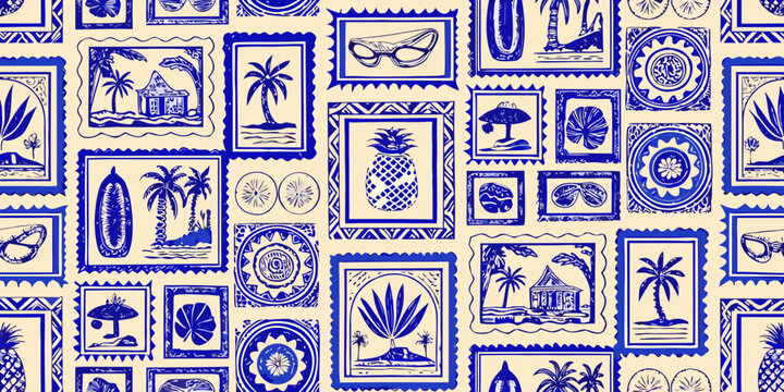 tropical themed seamless pattern with blue illustrations on cream