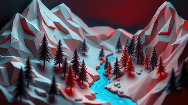 Low poly landscape. Mountains, trees, river create stylized scene. Dramatic lighting, red hues dominate winter environment.