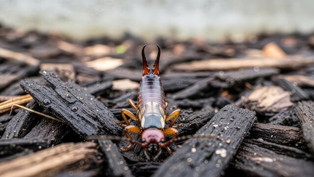Macro of an earwig on dark mulch, showcasing its pincers and segmented body, close-up shot