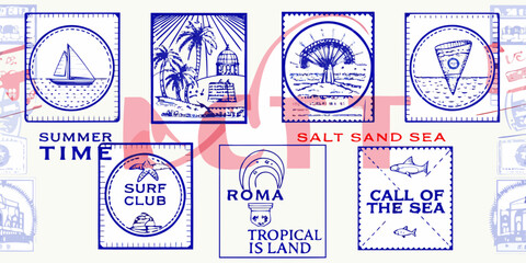 Vintage travel postmarks and stamps with summer themed illustrations © Ajay